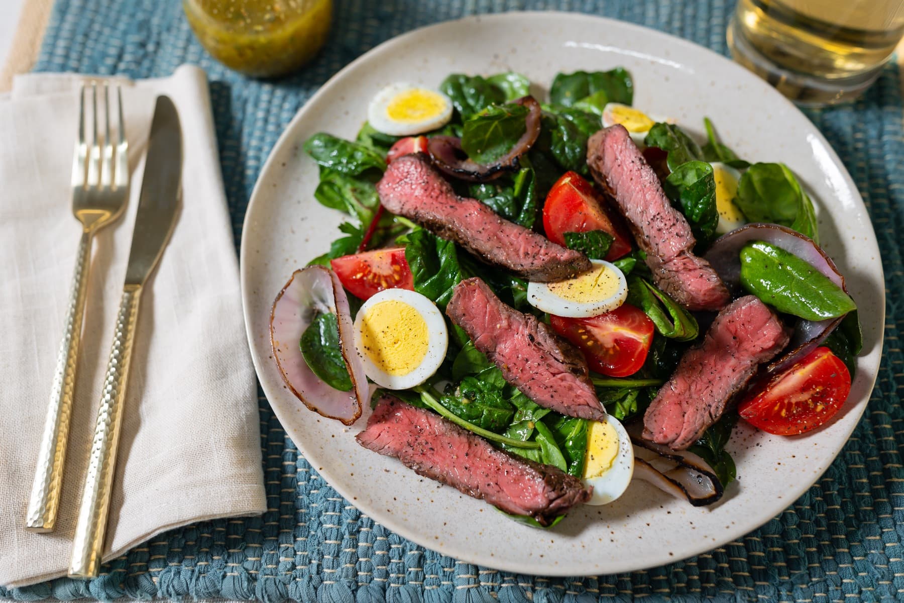 Garlic and herb steak salad, editorial food photography