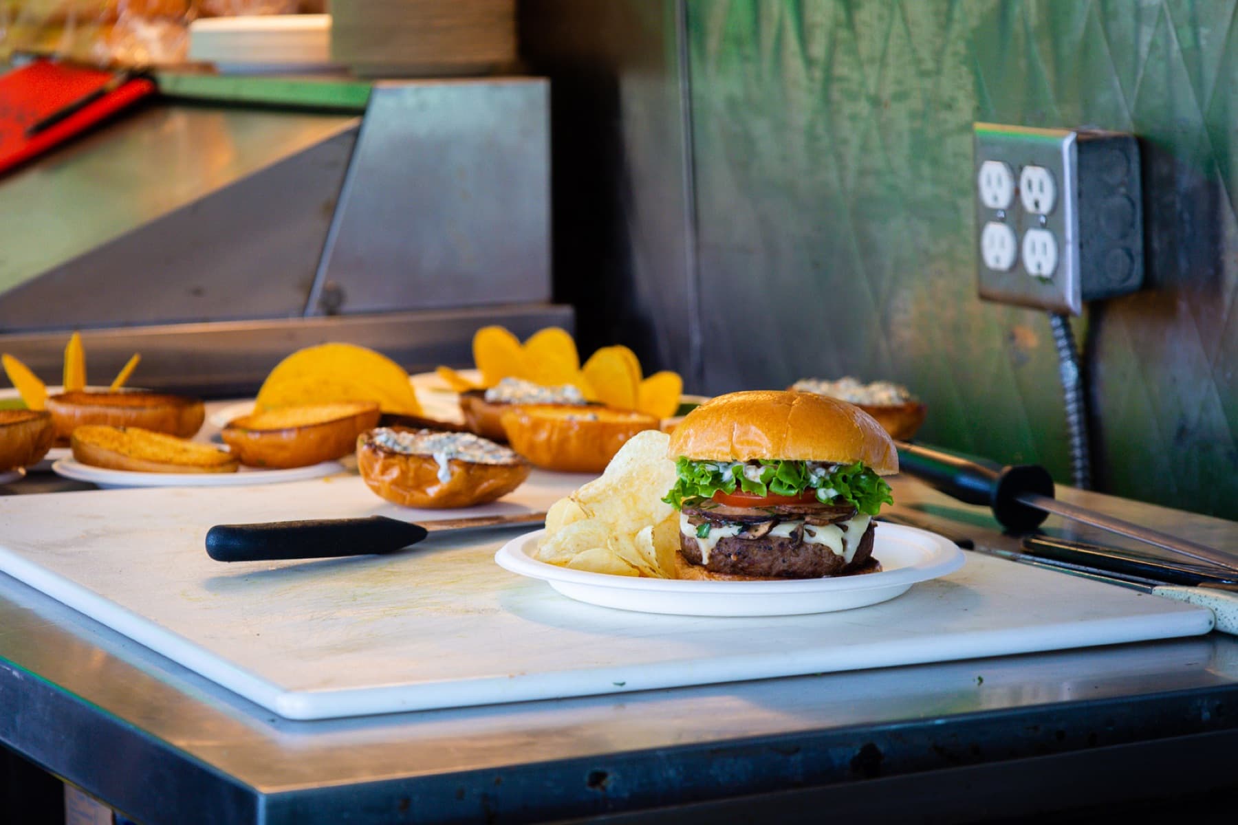 shot of a burger in a food truck