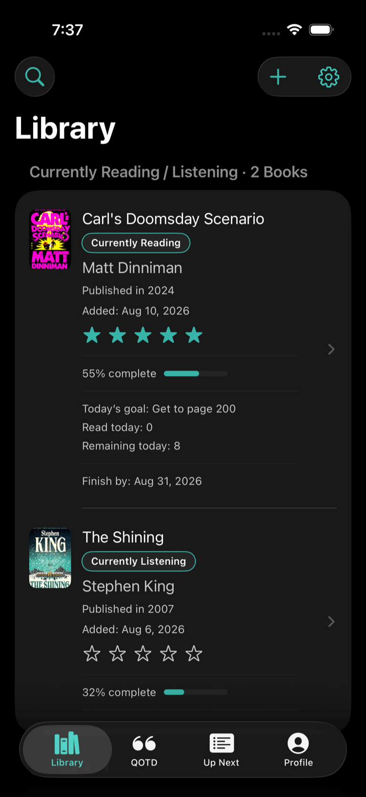Four51 Library tab showing currently reading books with daily goal progress