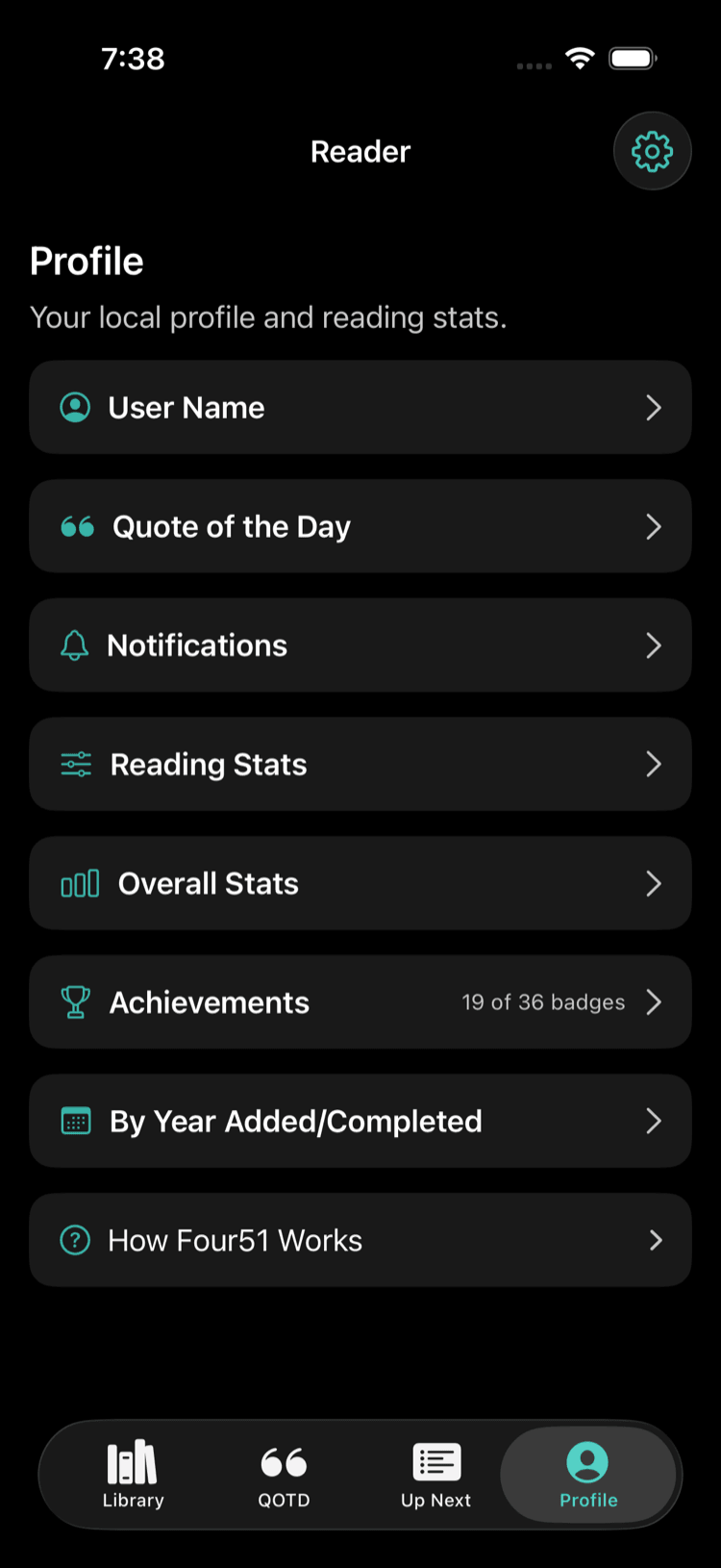 Four51 Profile tab showing reading stats and 19 of 36 achievement badges