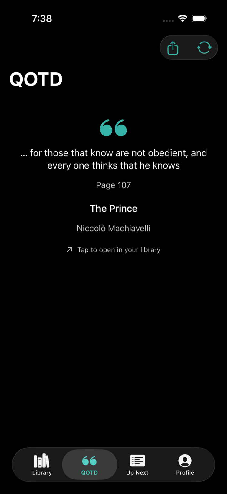 Four51 Quote of the Day tab showing a saved quote from The Prince